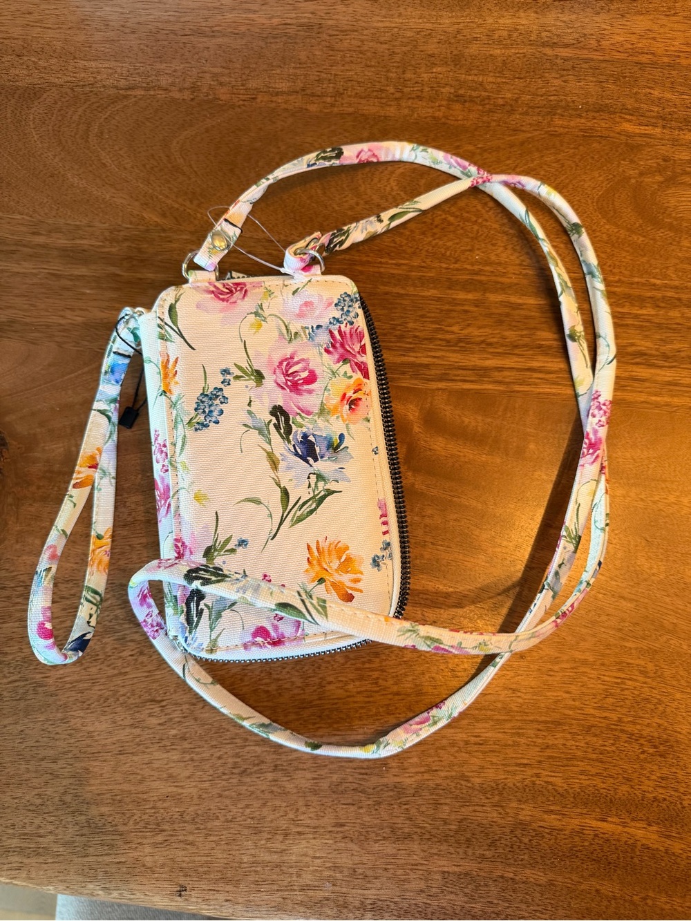 Floral Crossbody Phone Wallet - Cream with Pink & Yellow Flowers